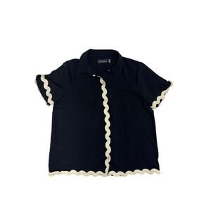 Vintage Rafaella Black & Cream Short Sleeve Blouse with Scalloped Trim - Size S